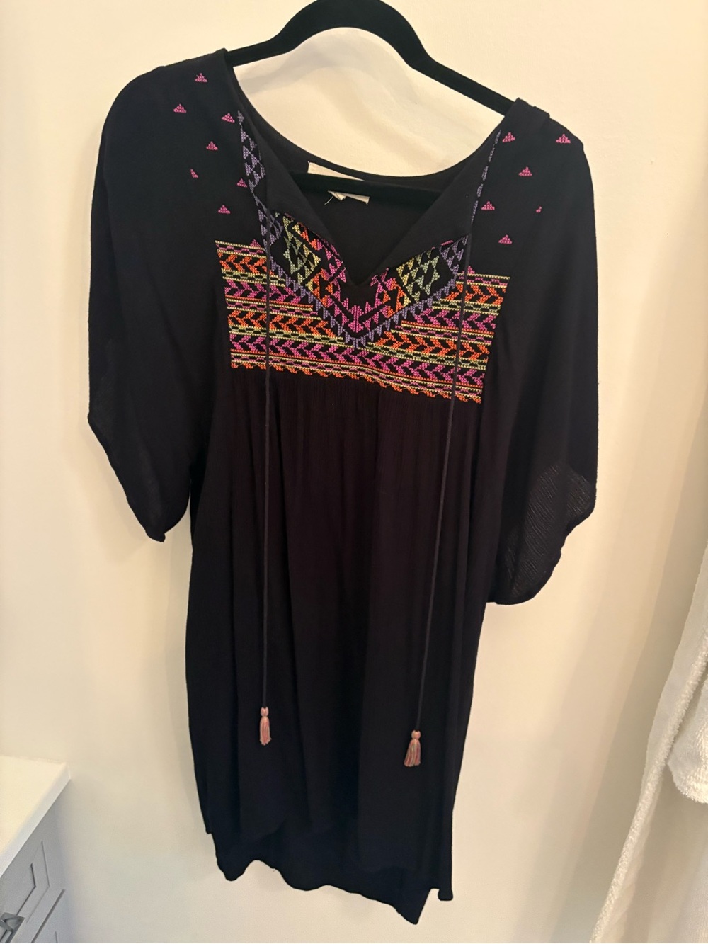 lovestitch Black Dress with Multicolored  Embroidery, Bell Sleeves